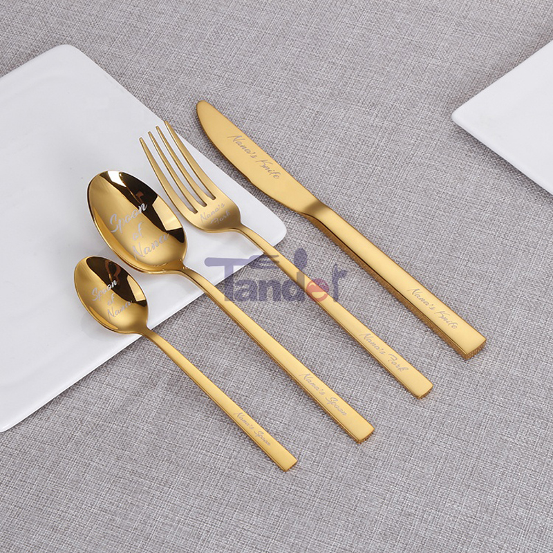 Aangepaste laser Logo Tekst op Stainless Steel Cutler Knife Fork Spoon