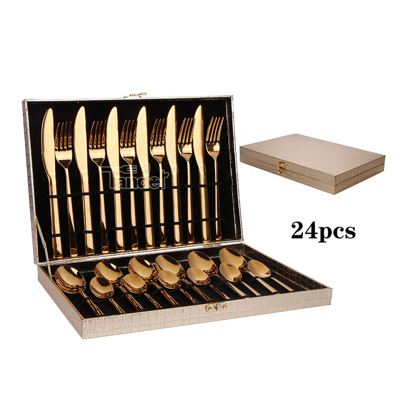 Mes Lepel Vork Set Goud Bestek Brilliant Custom Metal Roestvrijstalen Hotel 24-delige Bestekset met koffer