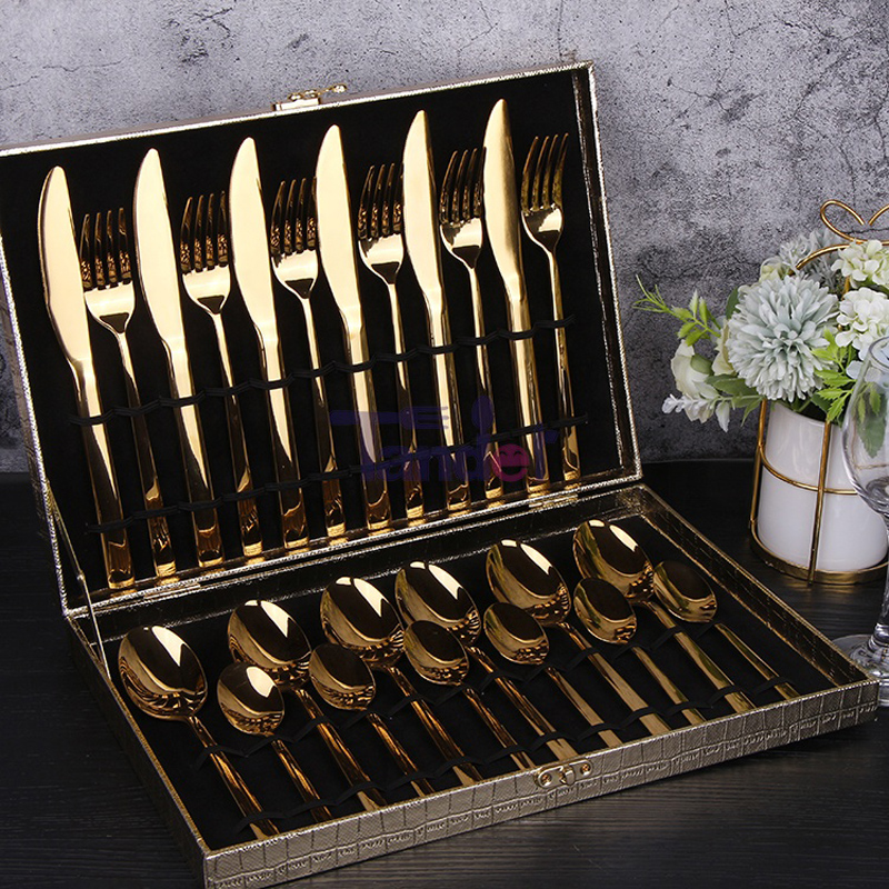 Mes Lepel Vork Set Goud Bestek Brilliant Custom Metal Roestvrijstalen Hotel 24-delige Bestekset met koffer