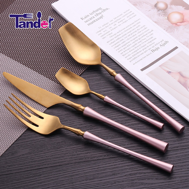 roze handvat gouden pvd coating slanke taille roestvrijstalen bruiloft bestekset