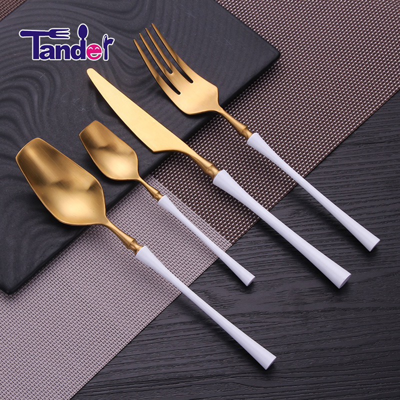 roze handvat gouden pvd coating slanke taille roestvrijstalen bruiloft bestekset