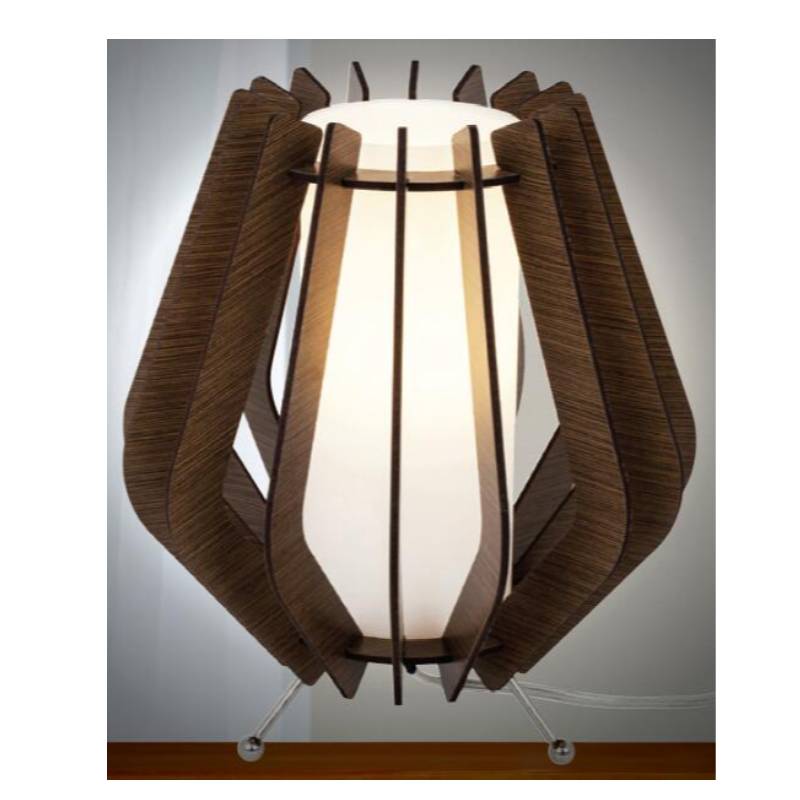 Donkerbruine houten tafellamp met glazen kap