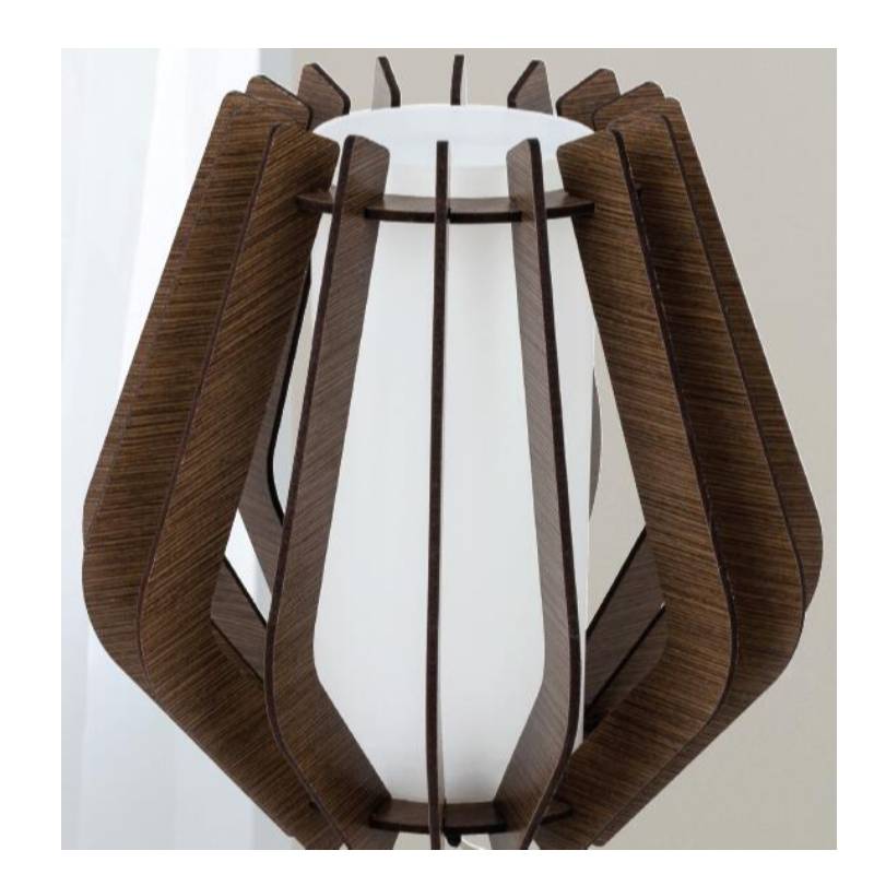 Donkerbruine houten tafellamp met glazen kap