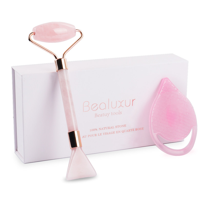 Jade Roller, 100% Rose Quartz Roller &UST Scrapping Plate &Mask Brush and Face Cleaning Brush 4 Functionele Face Massage voor Face Eye Neck Body