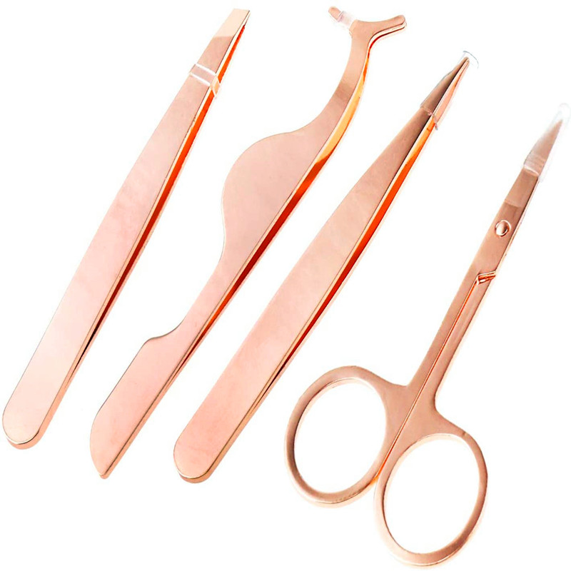 4 stuks set roestvrij staal rose goud wenkbrauw schaar pincet wimpers applicator schuine punt haar pincet make-up gebruik tool kit