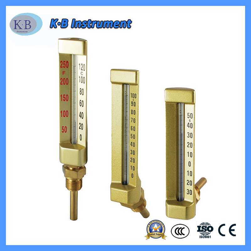 Wholesale Factory Price Custom Made Industrial Thermometer V-Line Thermometer Angle Straight Brass Golden Fins Glass Thermometer