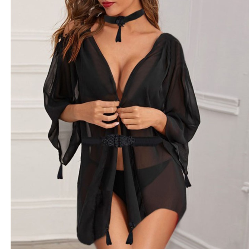 sexy lingerie bodysuit, lingerie sexy chaude transparant, vrouwen sexy lingerie Sexy doorzichtige lange mouw chiffon onregelmatige trim dunne nachtjapon met G-string