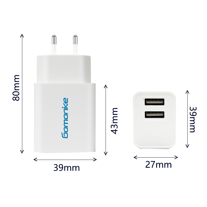 Europese stekkeradapter, 2.1A dubbele USB-wandoplader compatibel met iPhone, Samsung, LG, Android-telefoons