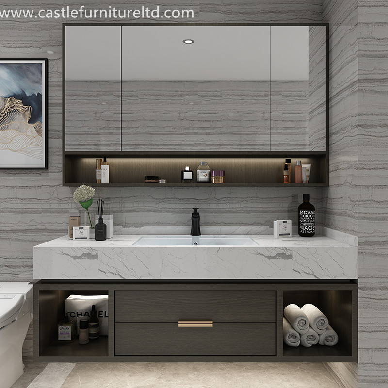 Combinatie van eiken badkamermeubel Nordic eenvoudige massief houten kast badkamer intelligente spiegel badkamer wassen gorgelen podium marmeren wastafel