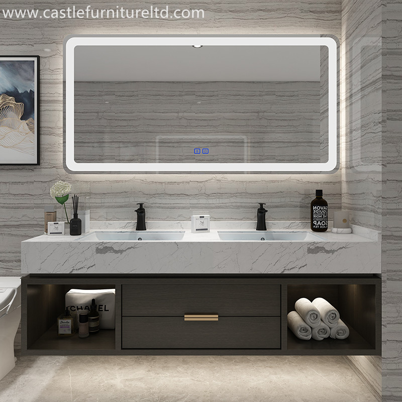 Combinatie van eiken badkamermeubel Nordic eenvoudige massief houten kast badkamer intelligente spiegel badkamer wassen gorgelen podium marmeren wastafel