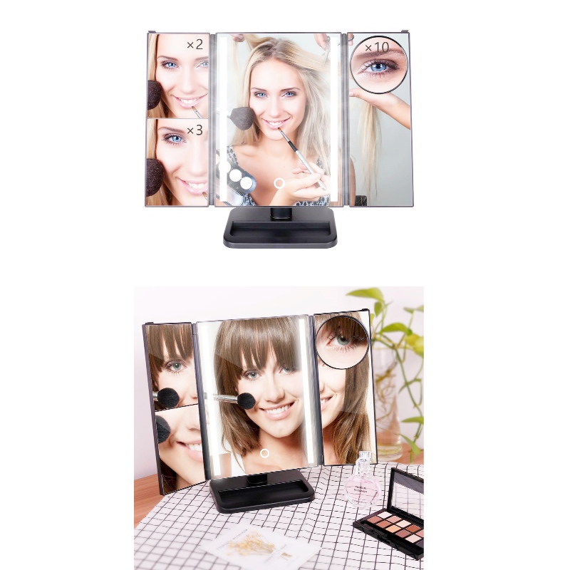 BEALUXUR verlichte driebladige make-upspiegel, LED-vouw 1X 2X 3X 10X vergrotende make-upspiegel Touchscreen-schakelaar, dubbele voeding, 180 graden rotatie