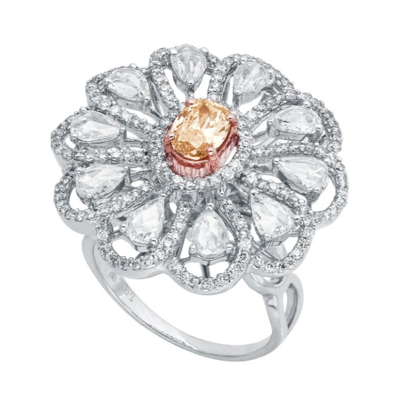 Exquise dames 925 sterling zilveren bloemenring voor huwelijksgeschenk staal kleur klauw set zirkoon ring China Ruifanbao sieraden verwerking fabriek