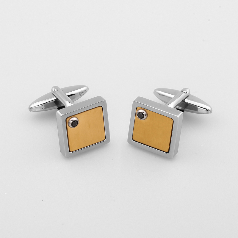 Heren tweekleurige vergulde roestvrijstalen manchetknopen met zwarte zirkonia