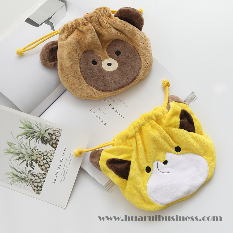 short fleece beer and fox drain plush bag, ophaalstring bergzak, cosmetische zak