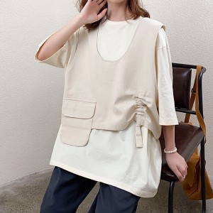 Ruimvallend ontwerp Minimalistische stijl met ronde kraag Gestikte mouwstijl Casual Effen kleur katoen en linnen oversized op maat gemaakte 19527 T-shirts + gilet