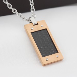 Mens Carbon Fiber Necklace Rose Gold Plated Army Style Stainkless Steel Dog Tag Pendant