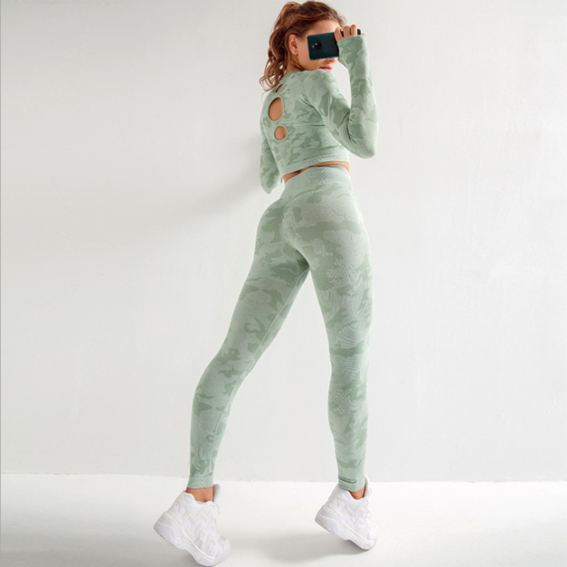 Camouflage yoga sport strak pak met sneldrogend ademend uitgehold naadloos yogapak