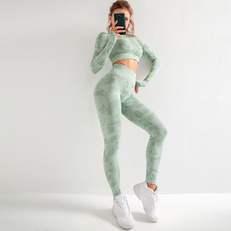 Camouflage yoga sport strak pak met sneldrogend ademend uitgehold naadloos yogapak