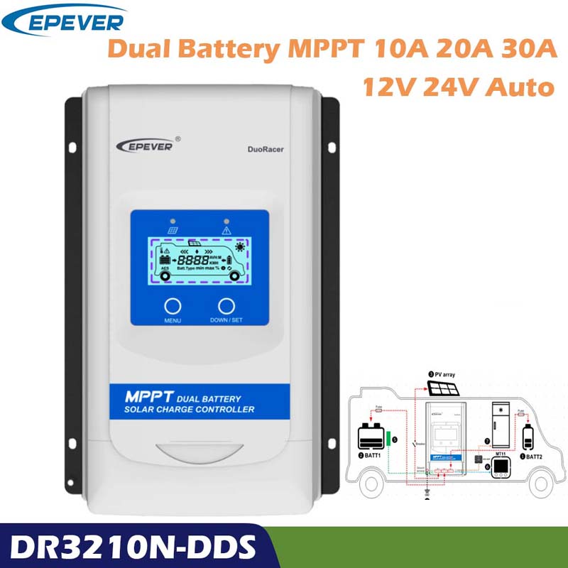 EPEEVER DUORACER MPPT 10A 20A 30A Solar Charger and Discharger Controller 12V 24V Auto Dual Battery Regulator voor RV Camperboot