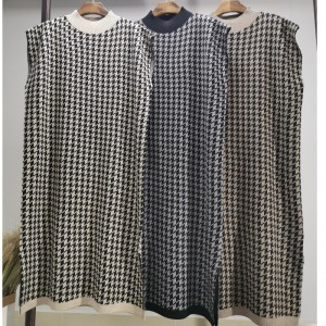 Modieuze casual eenvoudige wollen trui Duizend vogelkast Half hoge kraag vest jurk 69065#