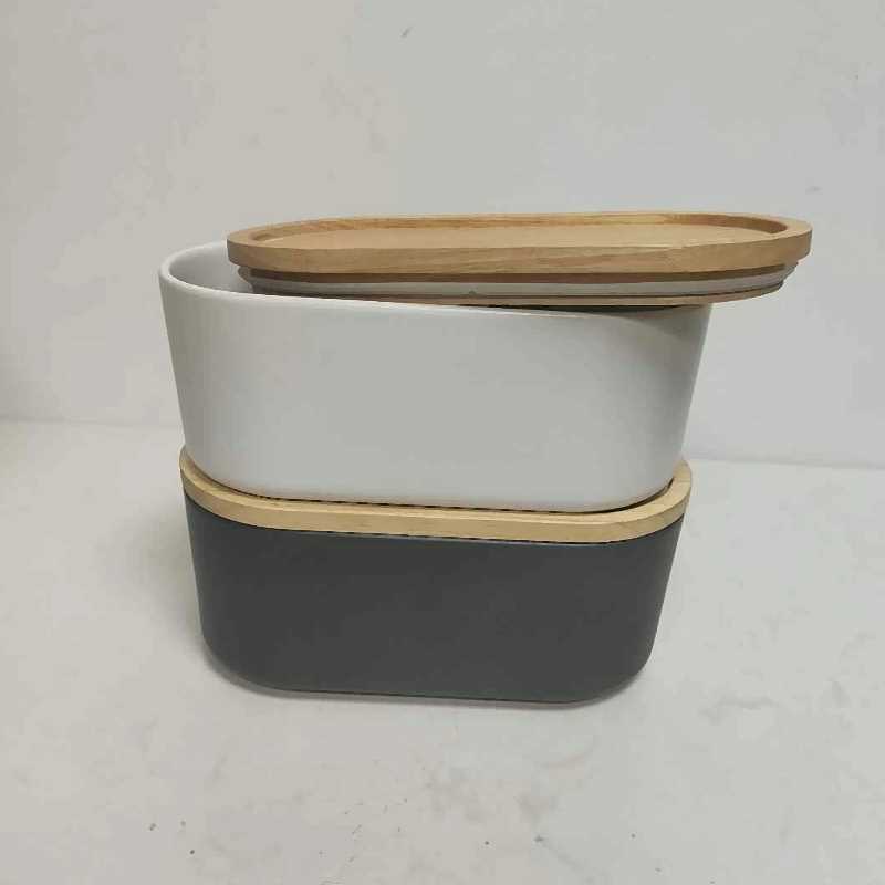Groothandel lang met houten deksel keramische steengoed opslag canister jar