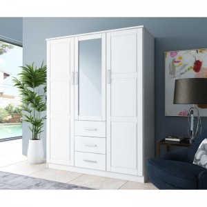 MWD22008-Solid Wood Family Wardrobe/closet/Closet, driedeurs kast met spiegel en 3 laden, wit.