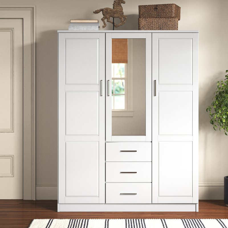 MWD22008-Solid Wood Family Wardrobe/closet/Closet, driedeurs kast met spiegel en 3 laden, wit.