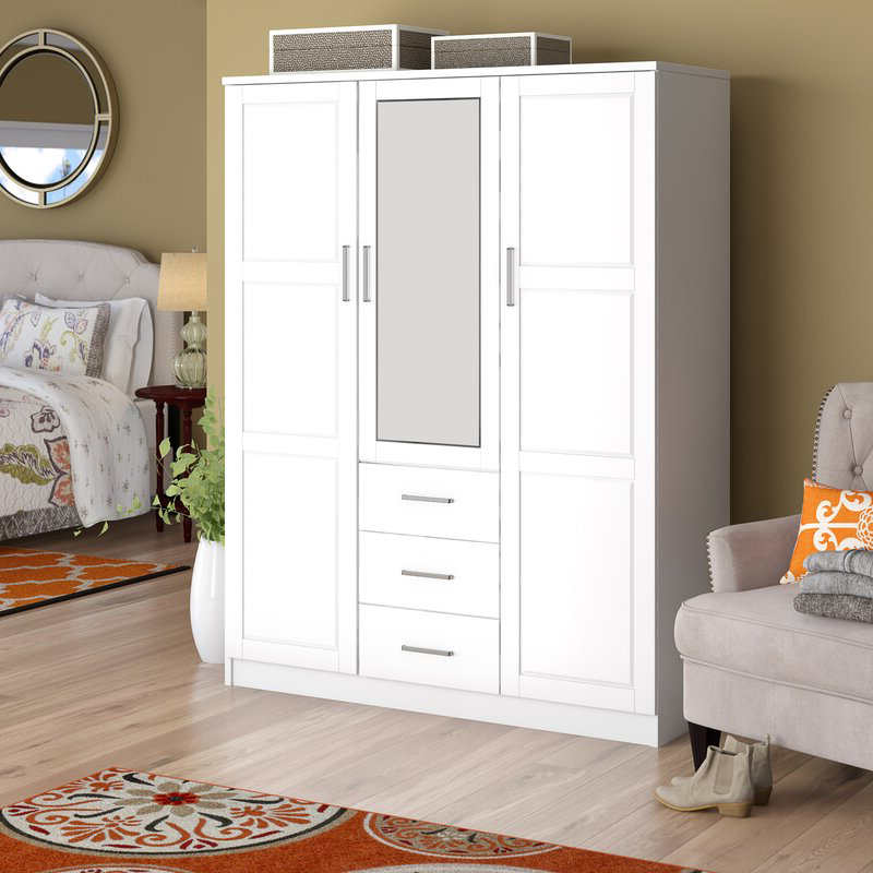MWD22008-Solid Wood Family Wardrobe/closet/Closet, driedeurs kast met spiegel en 3 laden, wit.
