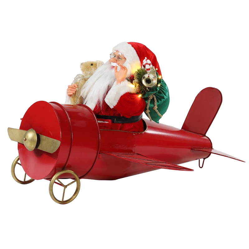 80 cm Kerstmis muzikale geanimeerde Santa Claus zittende rode vliegtuig decoratie beeldje klassieke vakantie ornament geschenken collectie