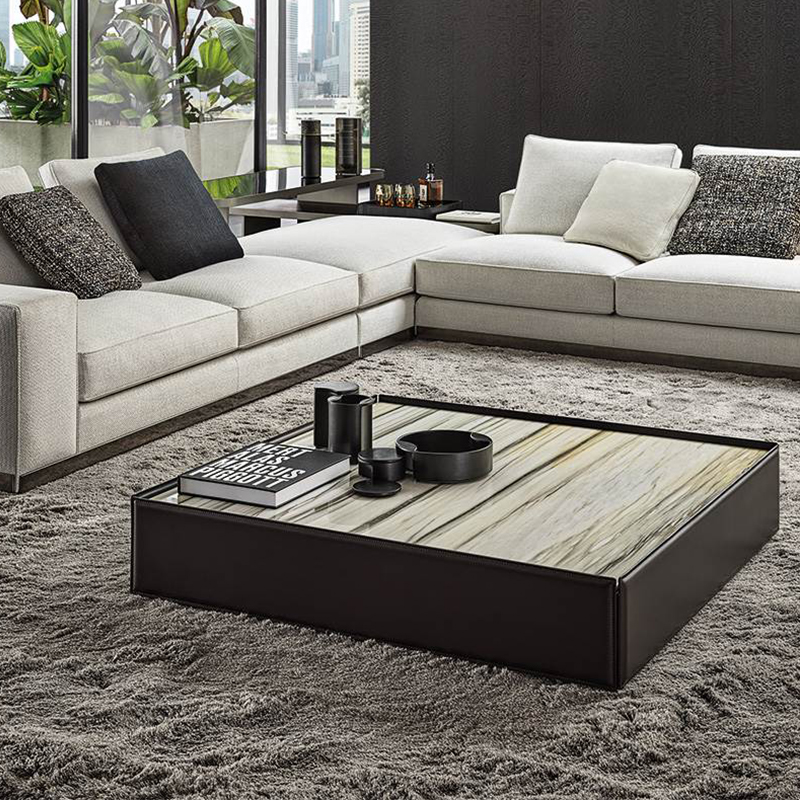 Italiaans minimalistisch designcentrum eindtafel lage hoogte moderne marmeren top vierkante lederen salontafel voor woonkamer
