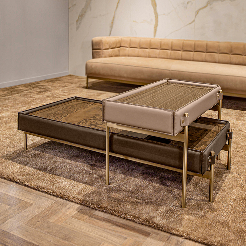 Italiaanse minimalistische combinatienesting ontwerp roestvrij stalen poten rechthoeknatuurlijke houten eind tafel lederen salontafel set