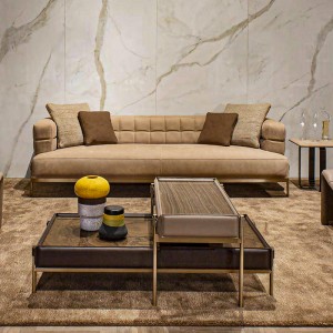 Italiaanse minimalistische combinatienesting ontwerp roestvrij stalen poten rechthoeknatuurlijke houten eind tafel lederen salontafel set