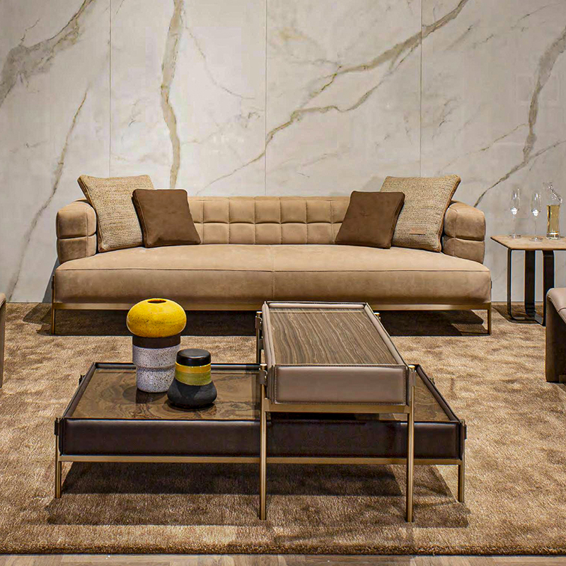 Italiaanse minimalistische combinatienesting ontwerp roestvrij stalen poten rechthoeknatuurlijke houten eind tafel lederen salontafel set