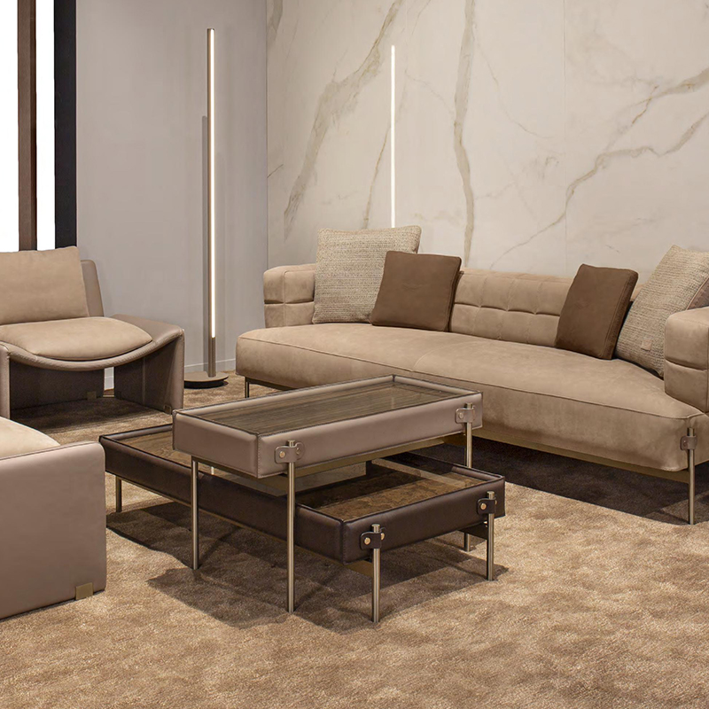Italiaanse minimalistische combinatienesting ontwerp roestvrij stalen poten rechthoeknatuurlijke houten eind tafel lederen salontafel set