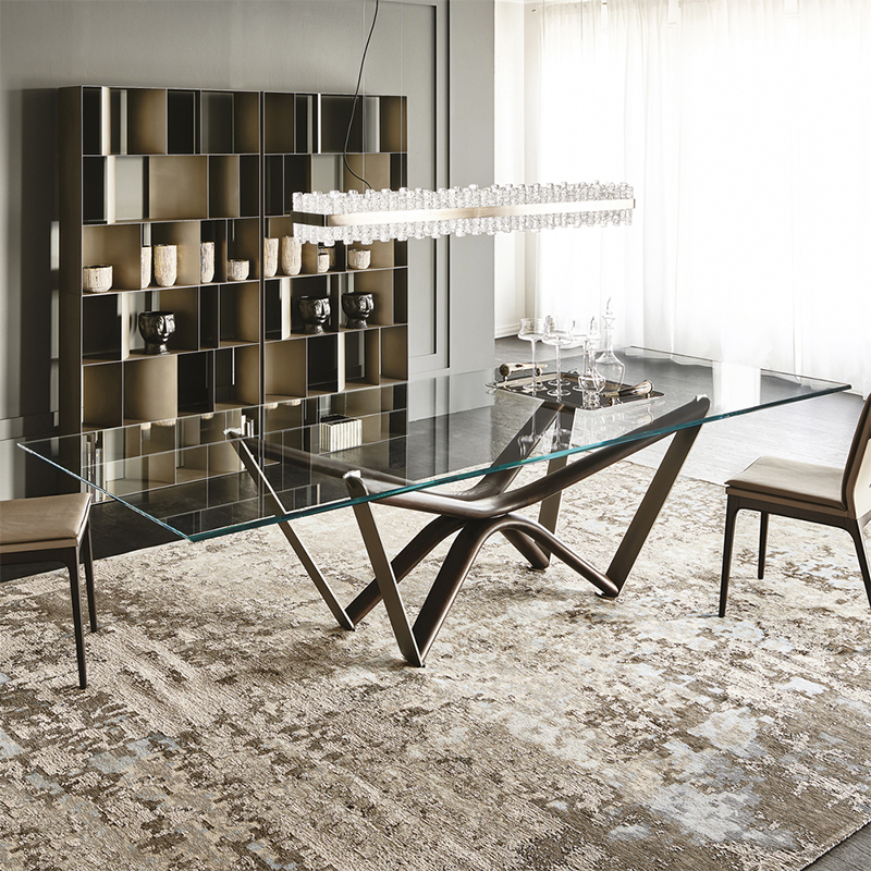 Italiaanse outdoor luxe gespiegelde rechthoekige gehard glazen bovenkant eettafel set 8 zitter