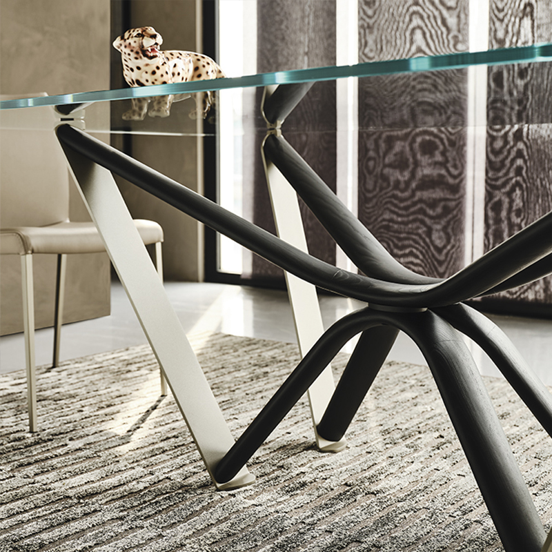 Italiaanse outdoor luxe gespiegelde rechthoekige gehard glazen bovenkant eettafel set 8 zitter