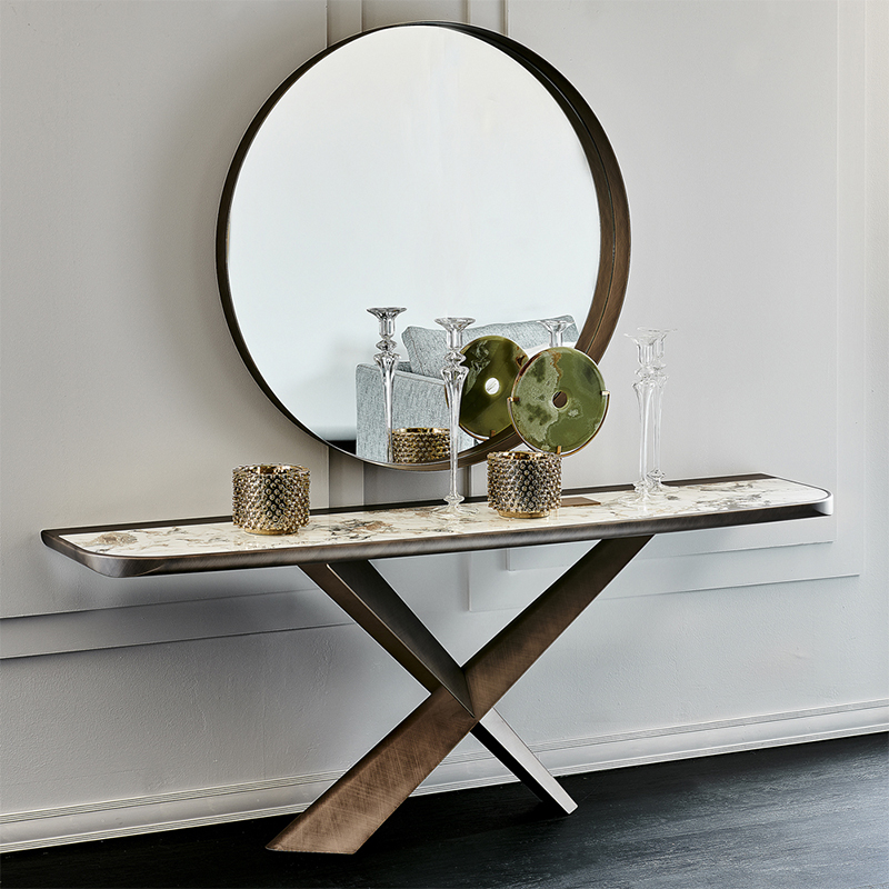 Italiaanse X -vormige roestvrijstalen basis moderne luxe luxe console kast steen marmeren bovenste console tafel met spiegel