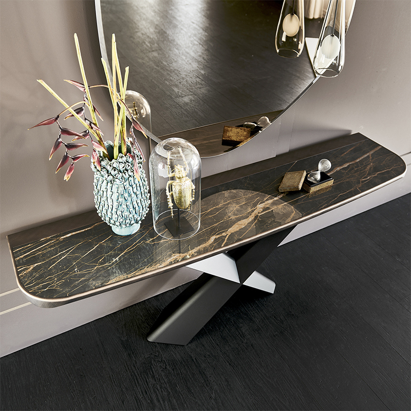 Italiaanse X -vormige roestvrijstalen basis moderne luxe luxe console kast steen marmeren bovenste console tafel met spiegel