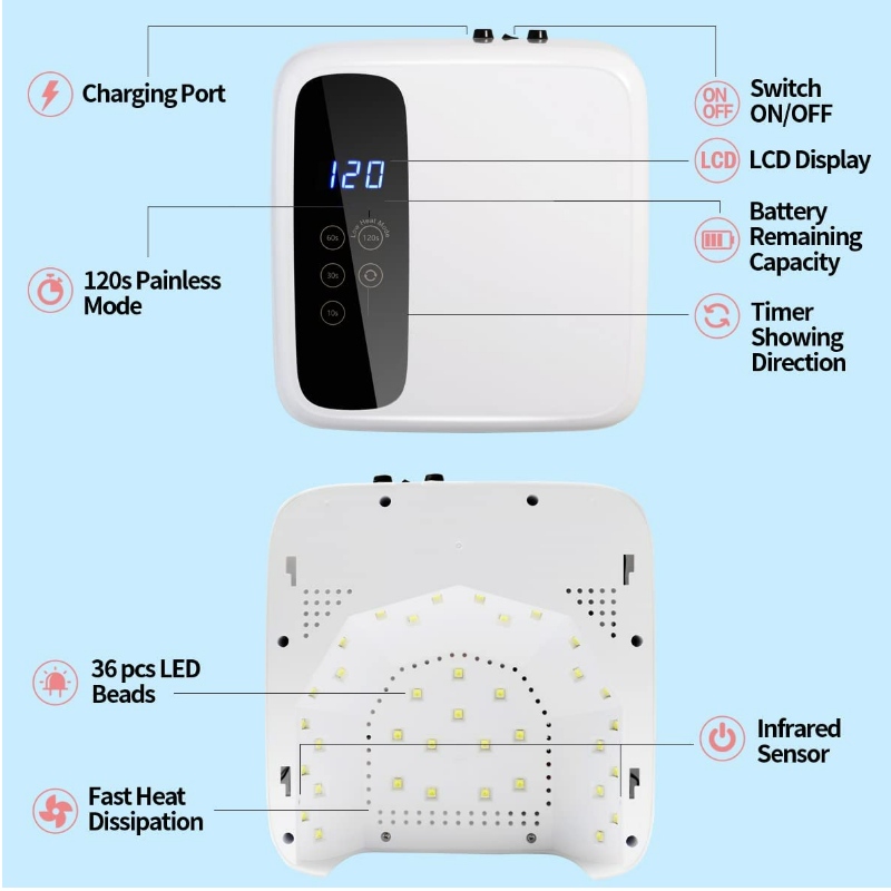 M&r 602Pro draadloze LED -nagellamp, draadlozenageldroger, 72W oplaadbare LED -nagellicht, draagbare gel UV LED -nagellamp met 4 timer -instellingssensor en LCD -display, professionele LED -nagellamp voor gellans voor gellak