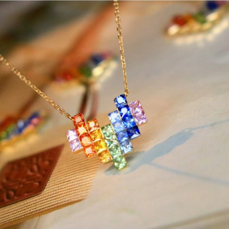 Tuochen Sieraden Nieuw 18k geel goud kleurrijke saffier regenboog hart ketting