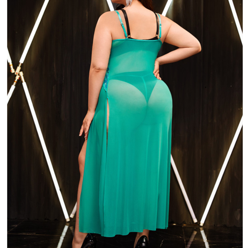 Lang sexy gewaad en slip set pyjama meshnachtjurk met kanten vorstrokte