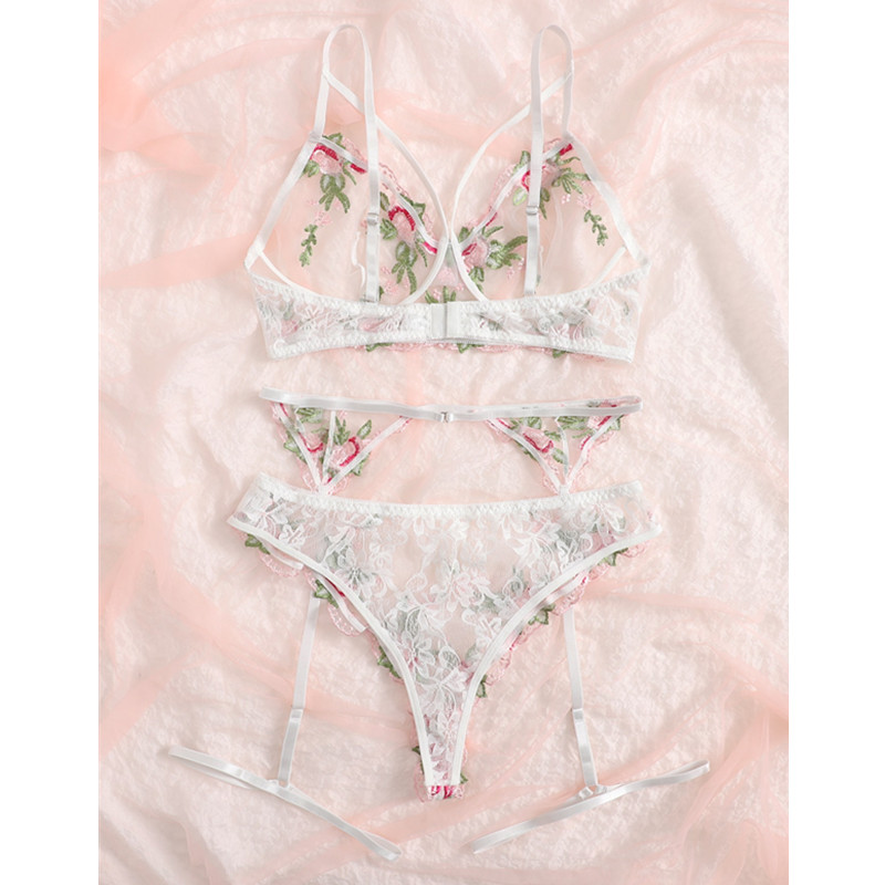 Mesh floral borduurharnas kousenband lingerie set