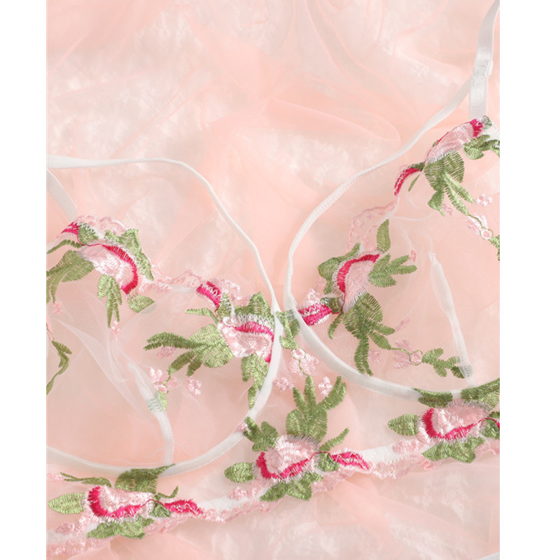 Mesh floral borduurharnas kousenband lingerie set