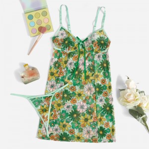 Lente bloemenprint cami tie boog voorste slip met sexy contrast string