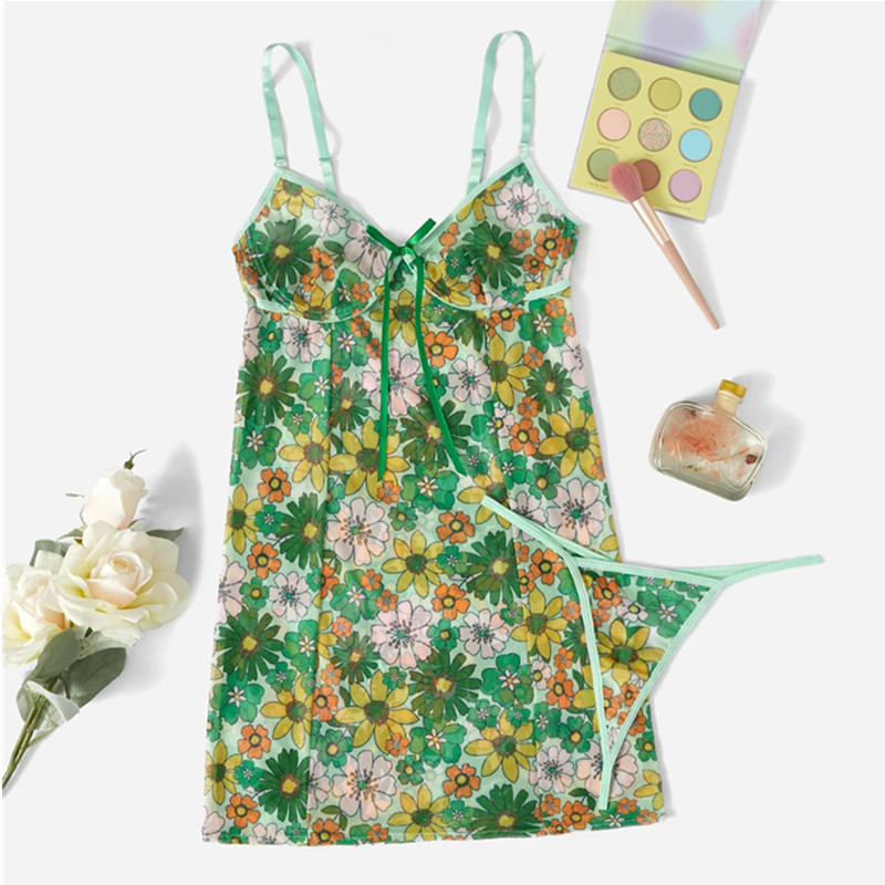 Lente bloemenprint cami tie boog voorste slip met sexy contrast string