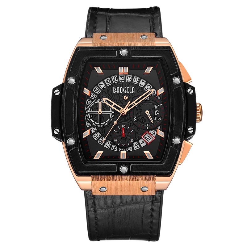 Baogela Brand Fashion Mens Sports Waterdichte kalenderpolhorloge vierkant multifunctionele siliconen band heren Watch 1703 Rose Black