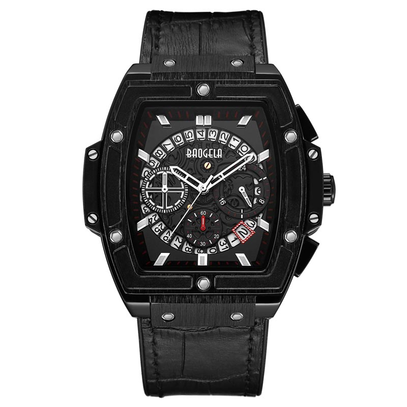 Baogela Brand Fashion Mens Sports Waterdichte kalenderpolhorloge vierkant multifunctionele siliconen band heren Watch 1703 Rose Black