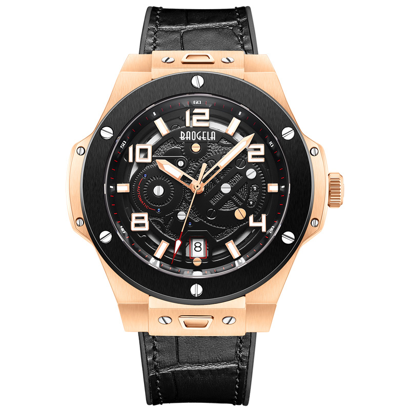 Baogela Men's Watch Mechanical Watch Automatic Hollow Fashion Men \\ 's Lumineuze grote wijzerplaat 50m waterdichte horloge 2001 zwart