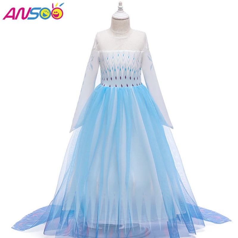 Anoo Snow Queen 2 Cosplay Girls Jurk zomer Casual Mesh Princess Dress Party Performance 4-12 jaar Kids Elsa-jurken