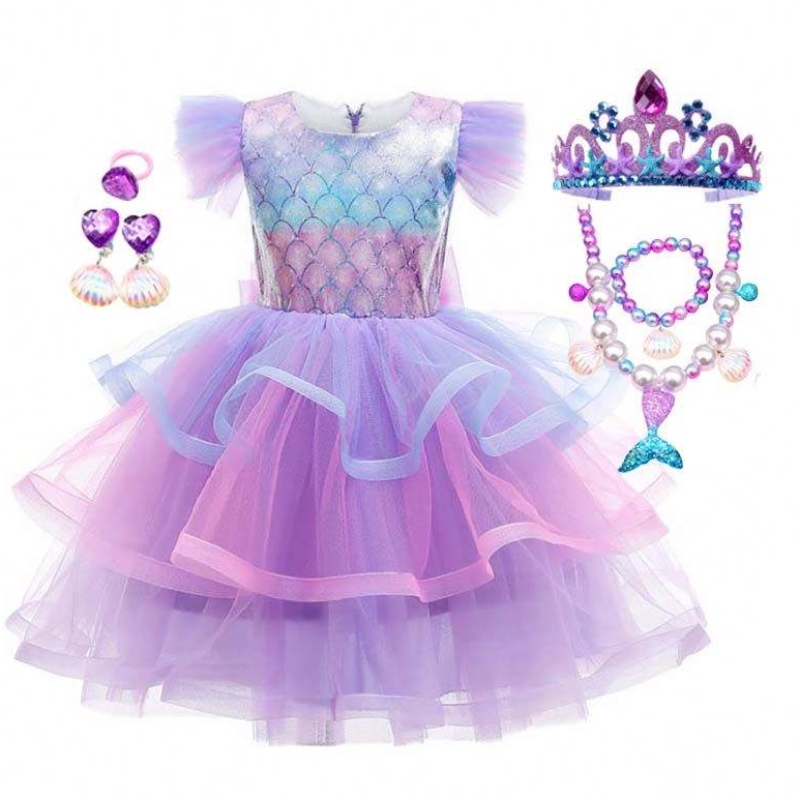 2022 meisjes verjaardagsfeestje jurk mermaid kroon ketting prinses meisje zeemeermin jurk voor kinderen meisjes hcmm-004